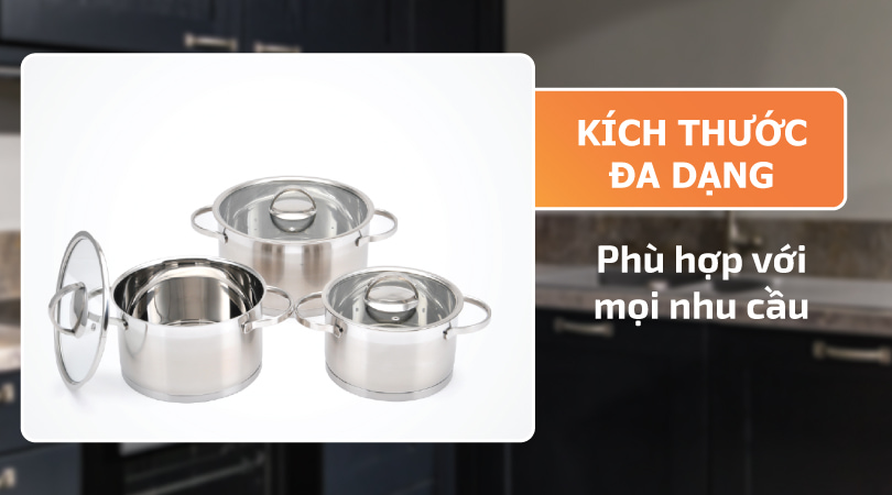 Bộ nồi inox Malloca TE-025 - Kích thước đa dạng
